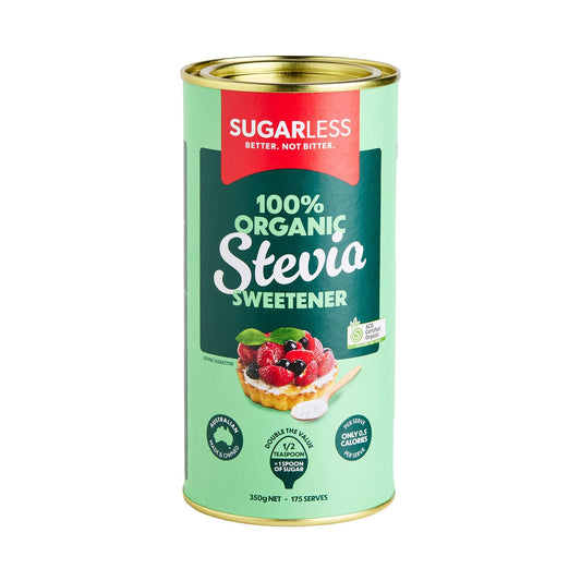 A 350g can of Sugarless 100% Organic Stevia Sweetener, featuring a light green body with a dark green label, a red brand banner, and gold metallic rims, set against a plain white background.