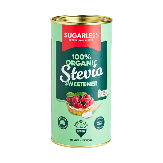 A 350g can of Sugarless 100% Organic Stevia Sweetener, featuring a light green body with a dark green label, a red brand banner, and gold metallic rims, set against a plain white background.