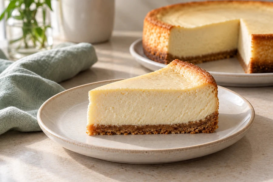 Baked vanilla cheesecake made with Sugarless Organic Stevia