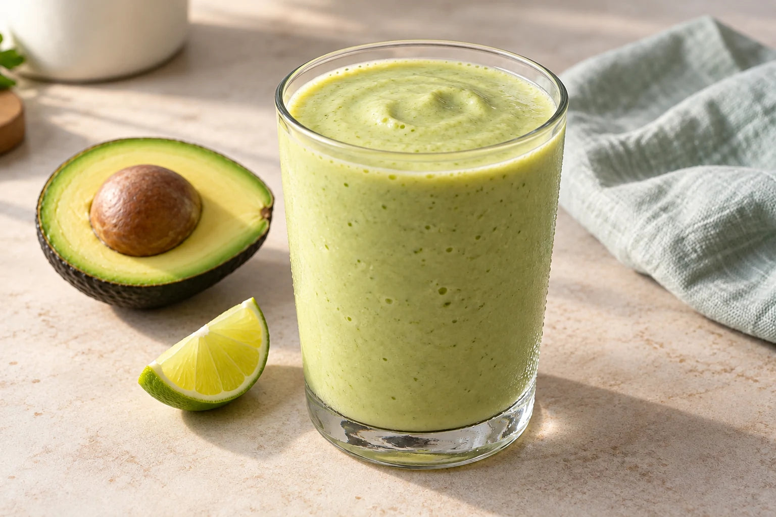 Avocado coconut lime smoothie made with Sugarless Liquid Sweetener