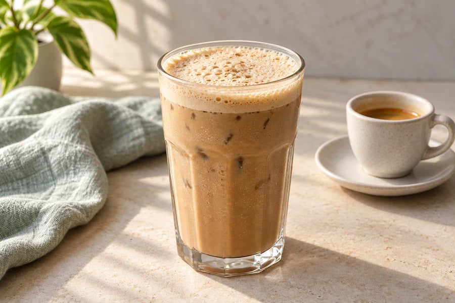Iced coffee protein shake made with Sugarless Liquid Sweetener
