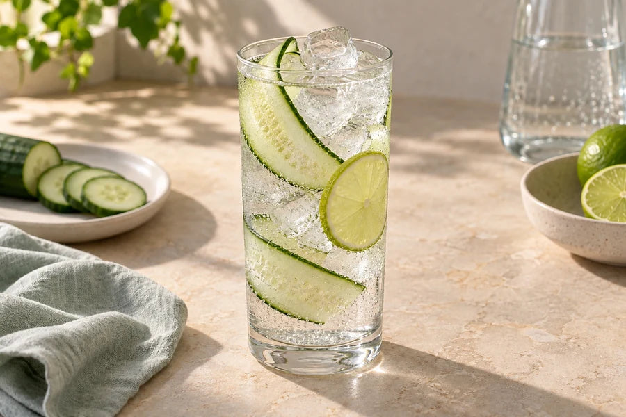 Cucumber lime sparkler made with Sugarless Liquid Sweetener