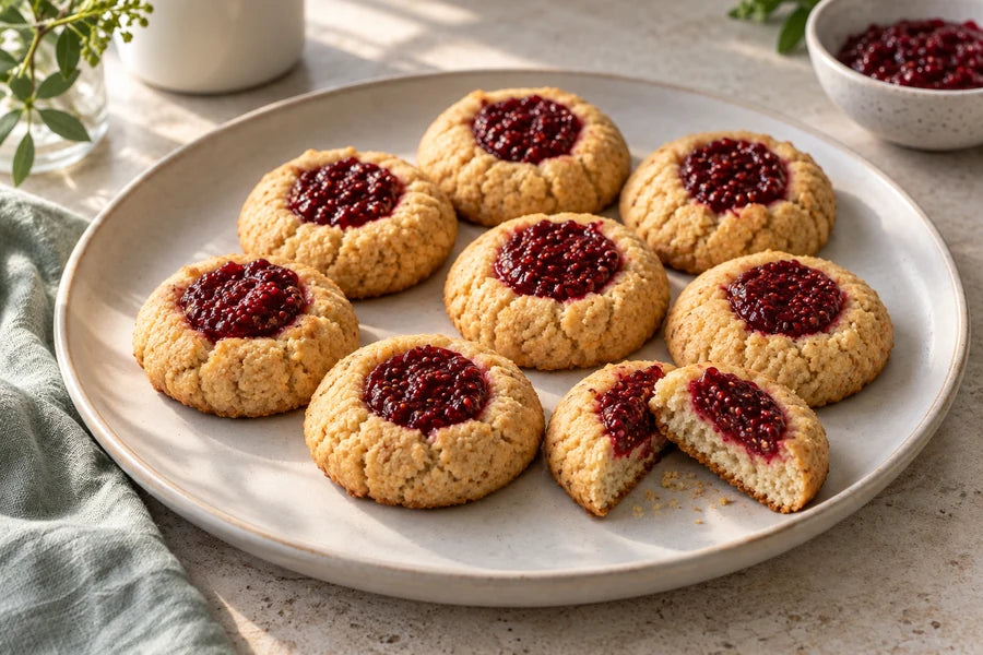 Almond raspberry jam drops made with Sugarless Organic Stevia