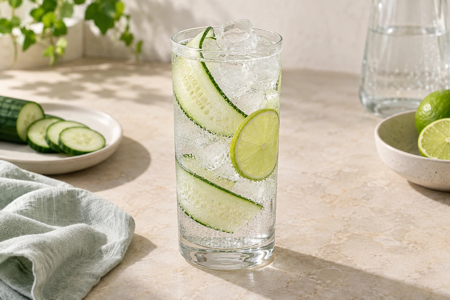 Cucumber lime sparkler made with Sugarless Liquid Sweetener