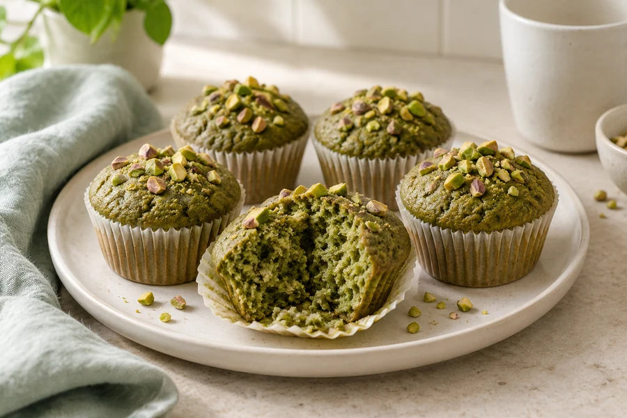 Vegan matcha pistachio muffins made with Sugarless Organic Stevia