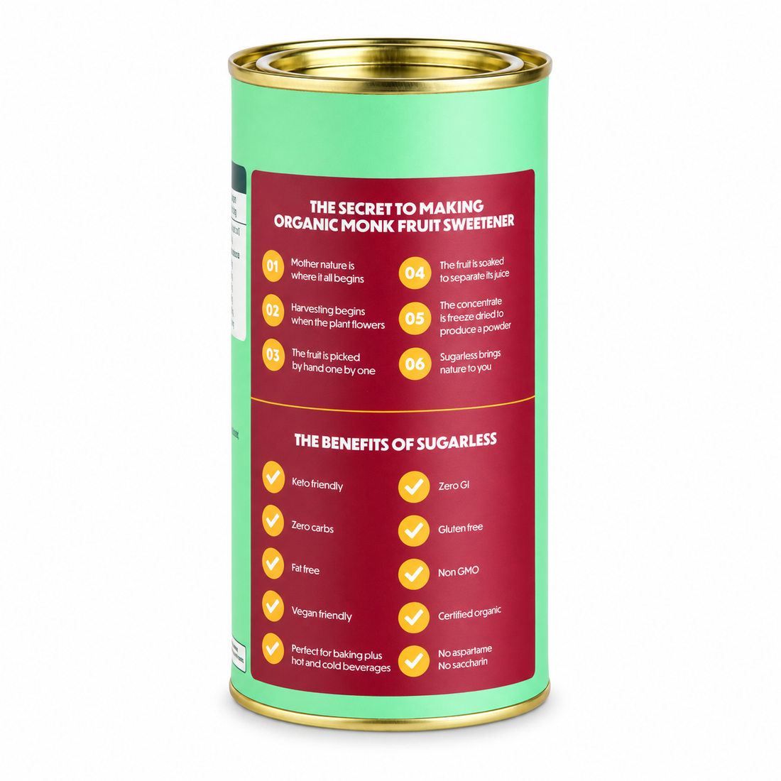 Sugarless organic monk fruit sweetener back label showing keto benefits and usage steps