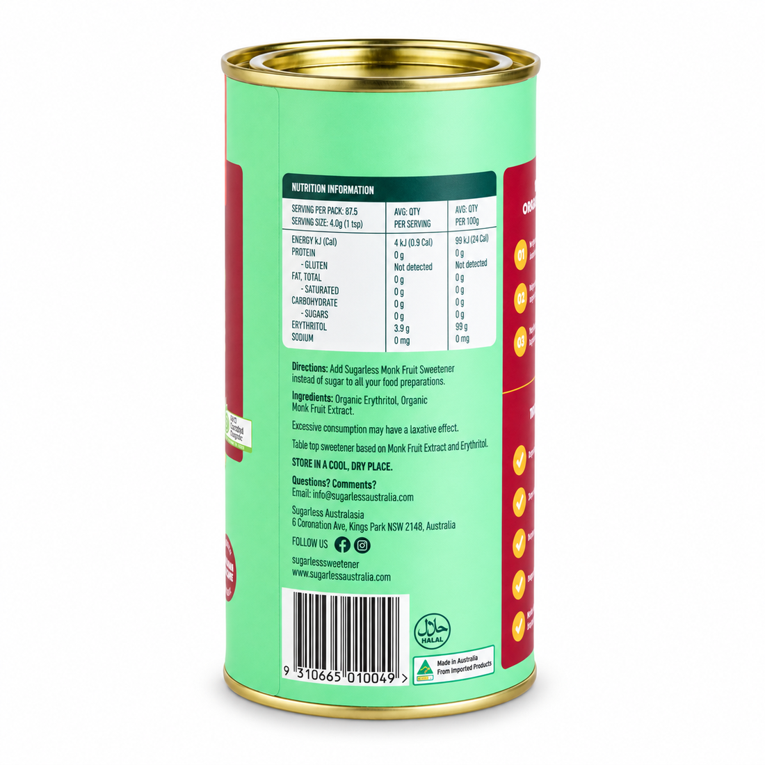 Sugarless organic monk fruit sweetener nutrition facts and ingredients label