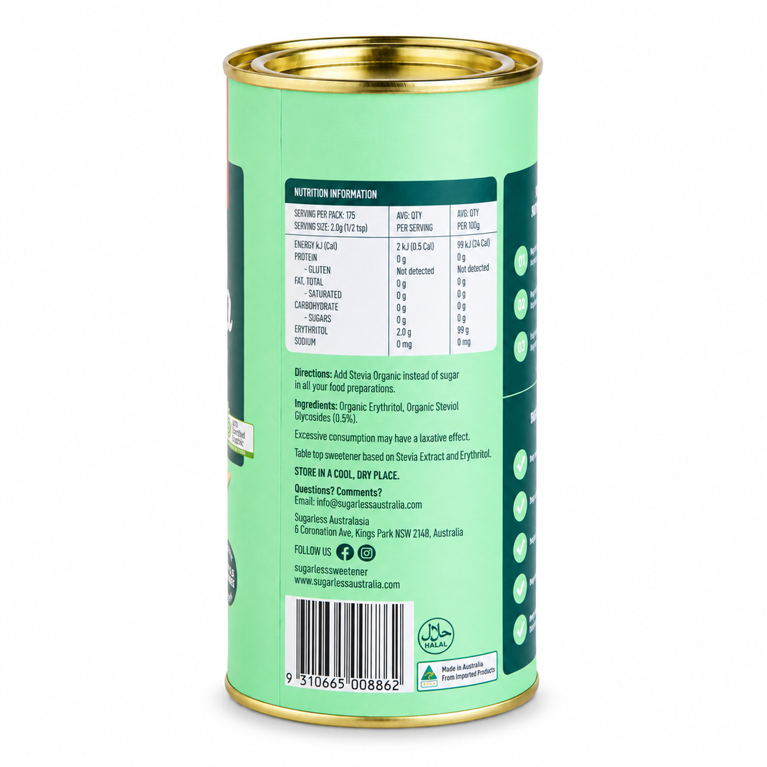 Sugarless Organic Stevia rear label displaying nutrition facts ingredients and halal certification logos