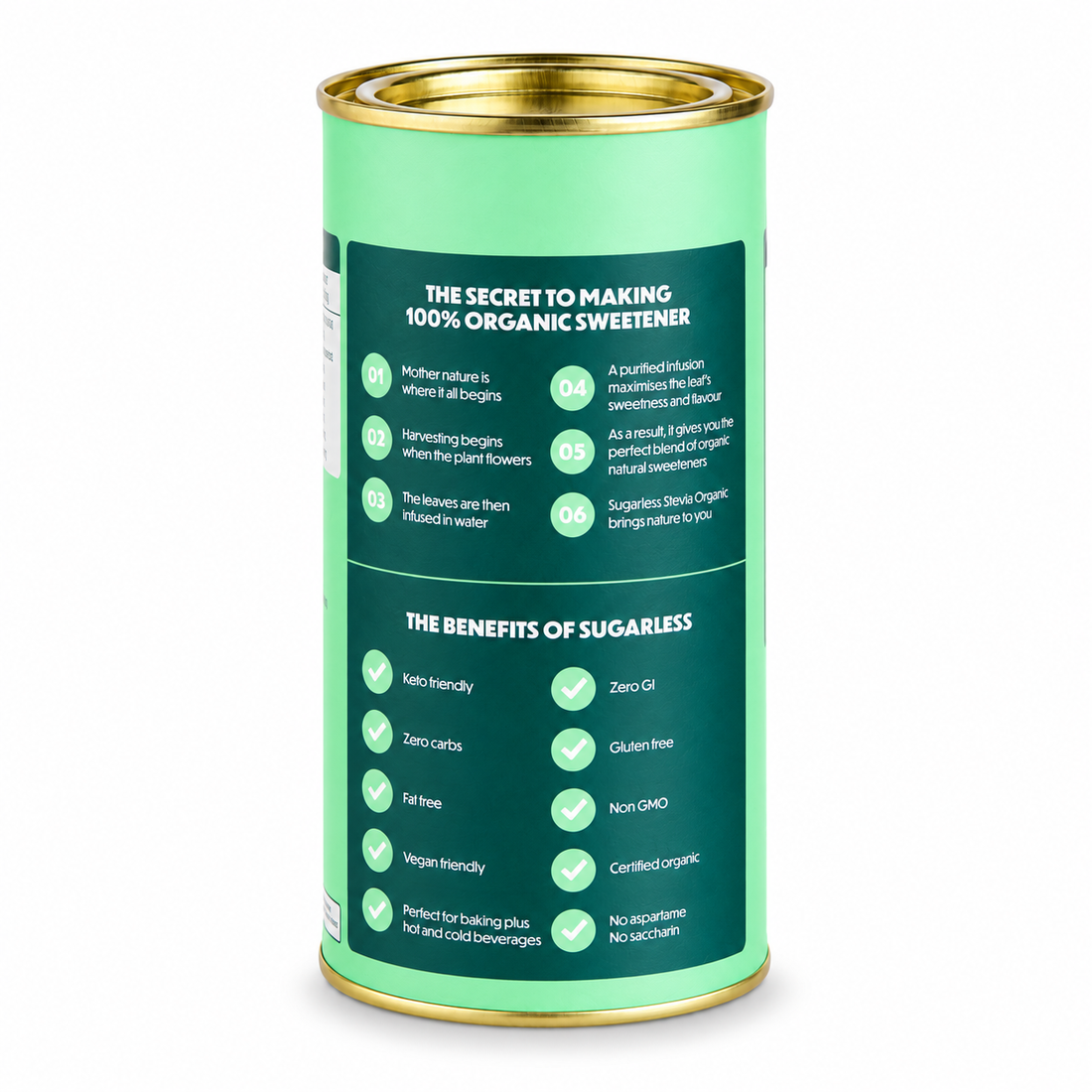 Sugarless Organic Stevia tin back panel showing keto friendly zero carb vegan benefits and organic process steps
