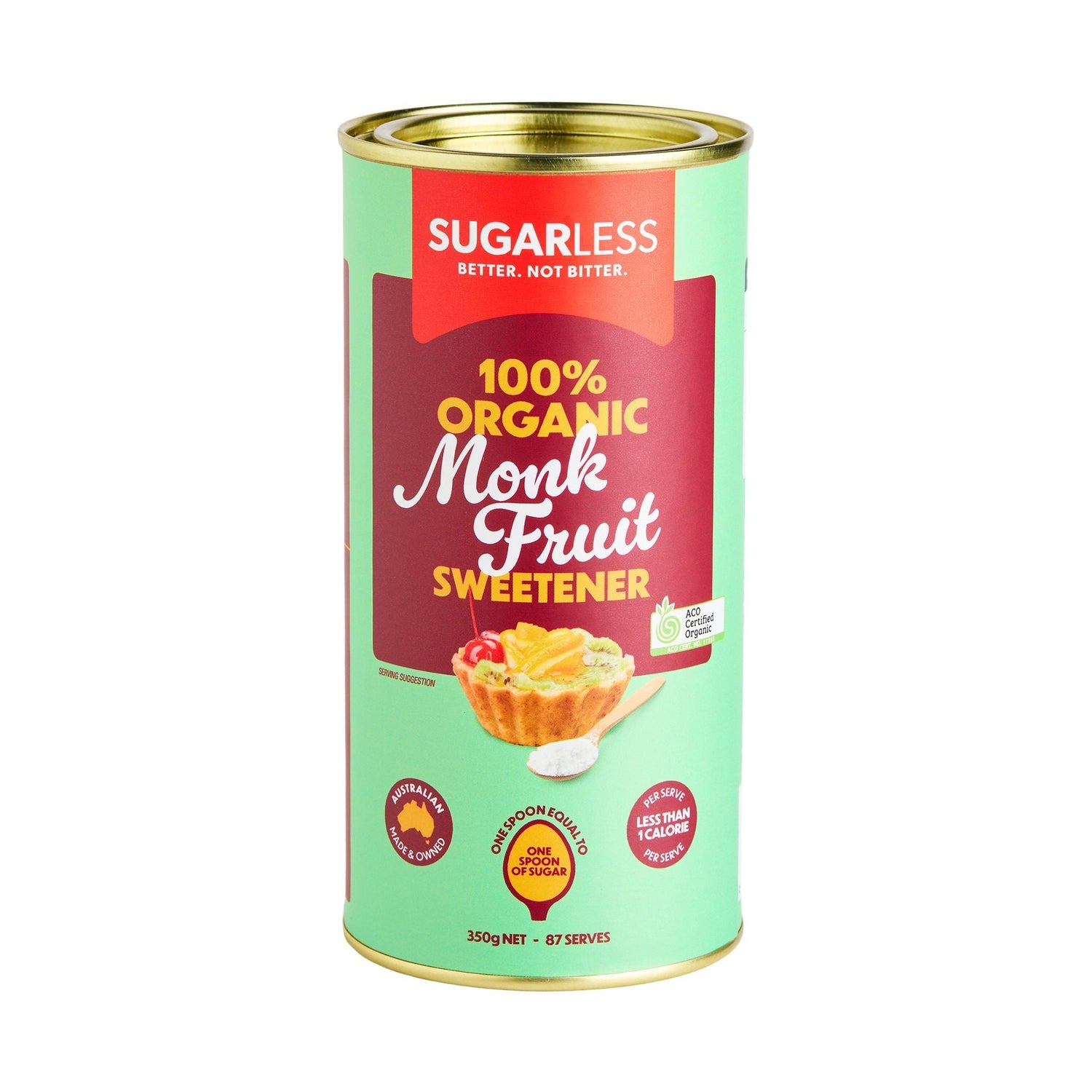 A 350g can of Sugarless 100% Organic Monk Fruit Sweetener, featuring a light green and red label with a gold lid, set against a plain white background.