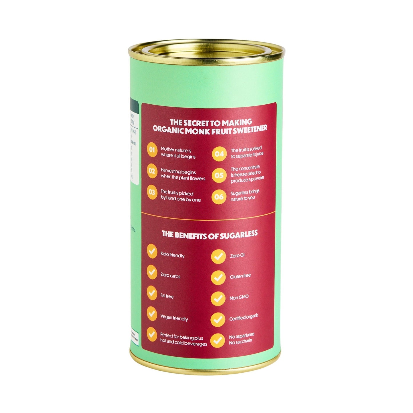 A cylindrical canister of organic monk fruit sweetener, featuring a mint green body with a dark red label and gold metallic rims at the top and bottom, set against a plain white background.