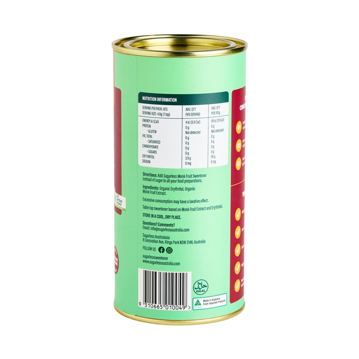 A cylindrical can of food, showing the back label with nutritional information, a barcode, and a red side panel, isolated on a white background.