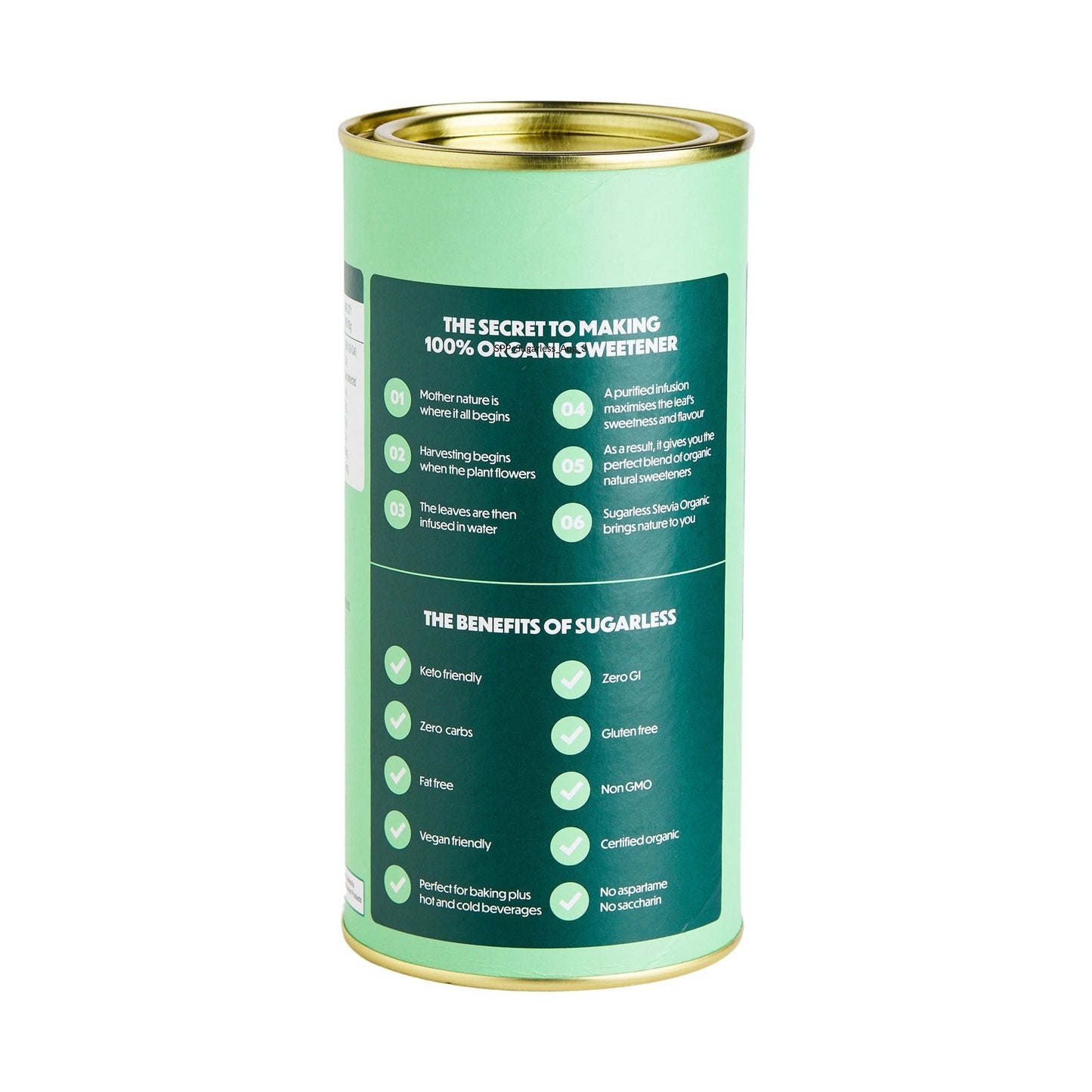 A cylindrical metal canister of sweetener, shown from the back. The canister has a mint green body with a dark green label featuring white text, and a gold-colored lid and bottom rim, set against a plain white background.
