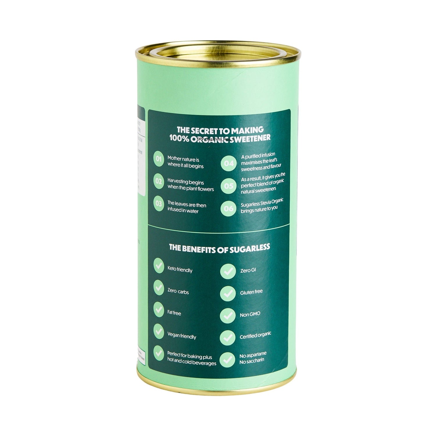 A cylindrical metal canister of sweetener, shown from the back. The canister has a mint green body with a dark green label featuring white text, and a gold-colored lid and bottom rim, set against a plain white background.