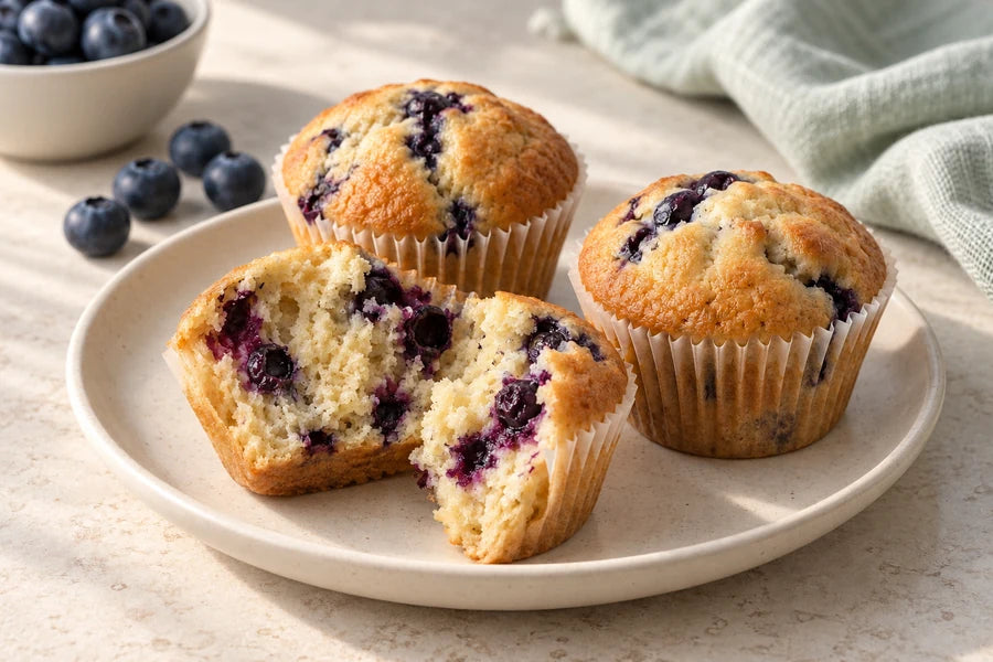 Blueberry yoghurt muffins made with Sugarless Organic Stevia