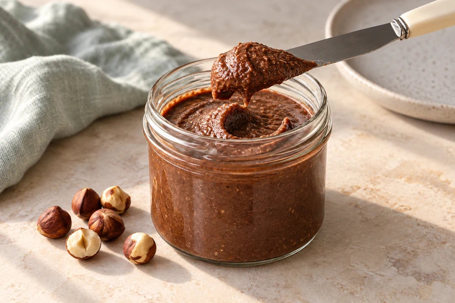 Chocolate hazelnut spread made with Sugarless Organic Monk Fruit