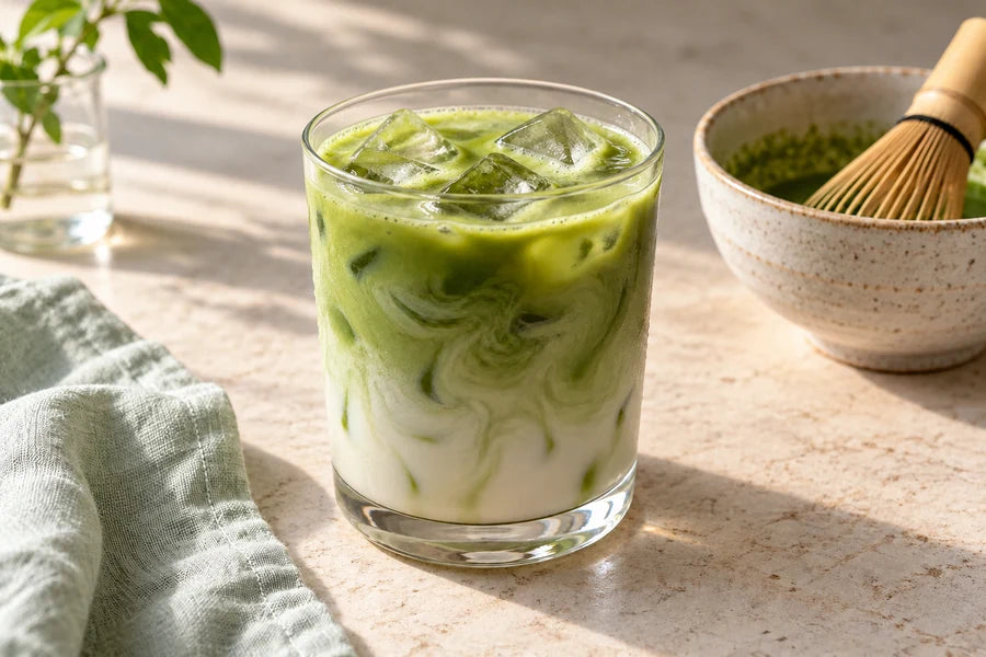 Iced vanilla matcha milk tea made with Sugarless Liquid Sweetener