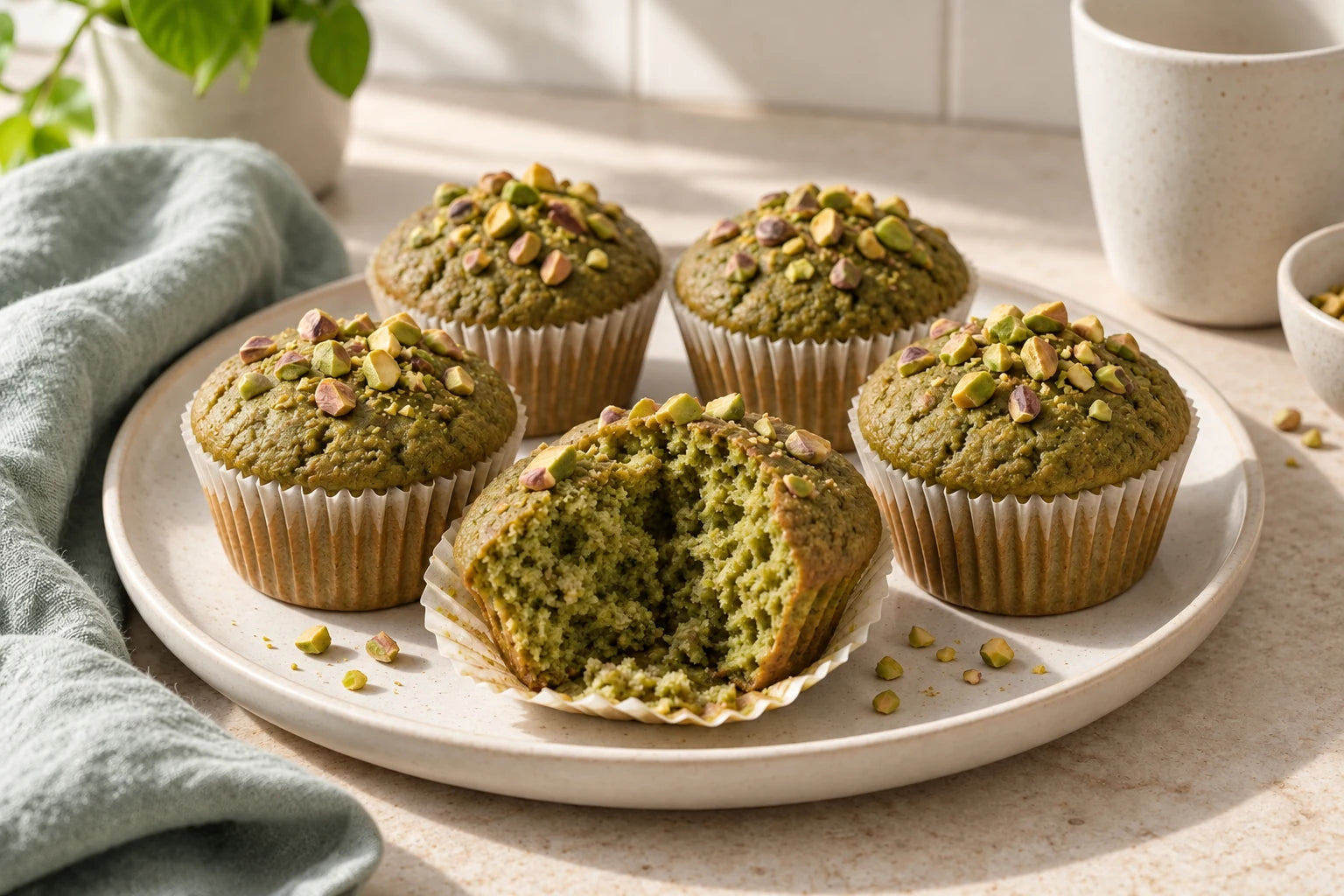 Vegan matcha pistachio muffins made with Sugarless Organic Stevia