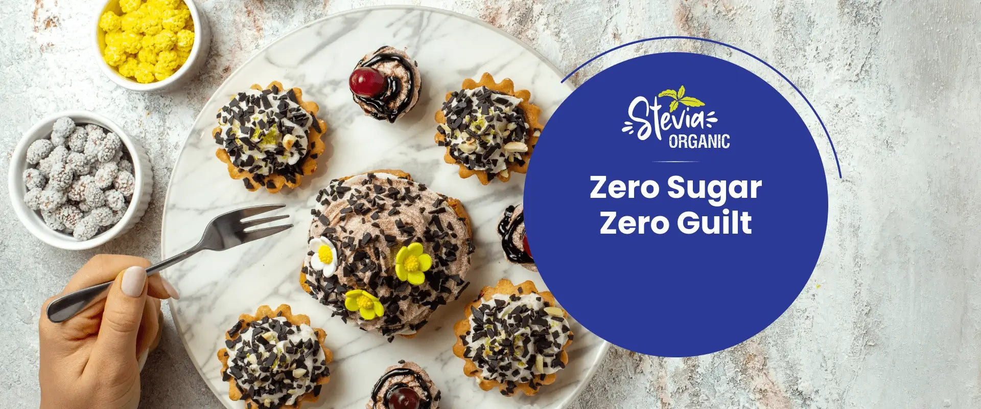 Assorted small desserts on a plate with Stevia Organic logo and 'Zero Sugar Zero Guilt' text.