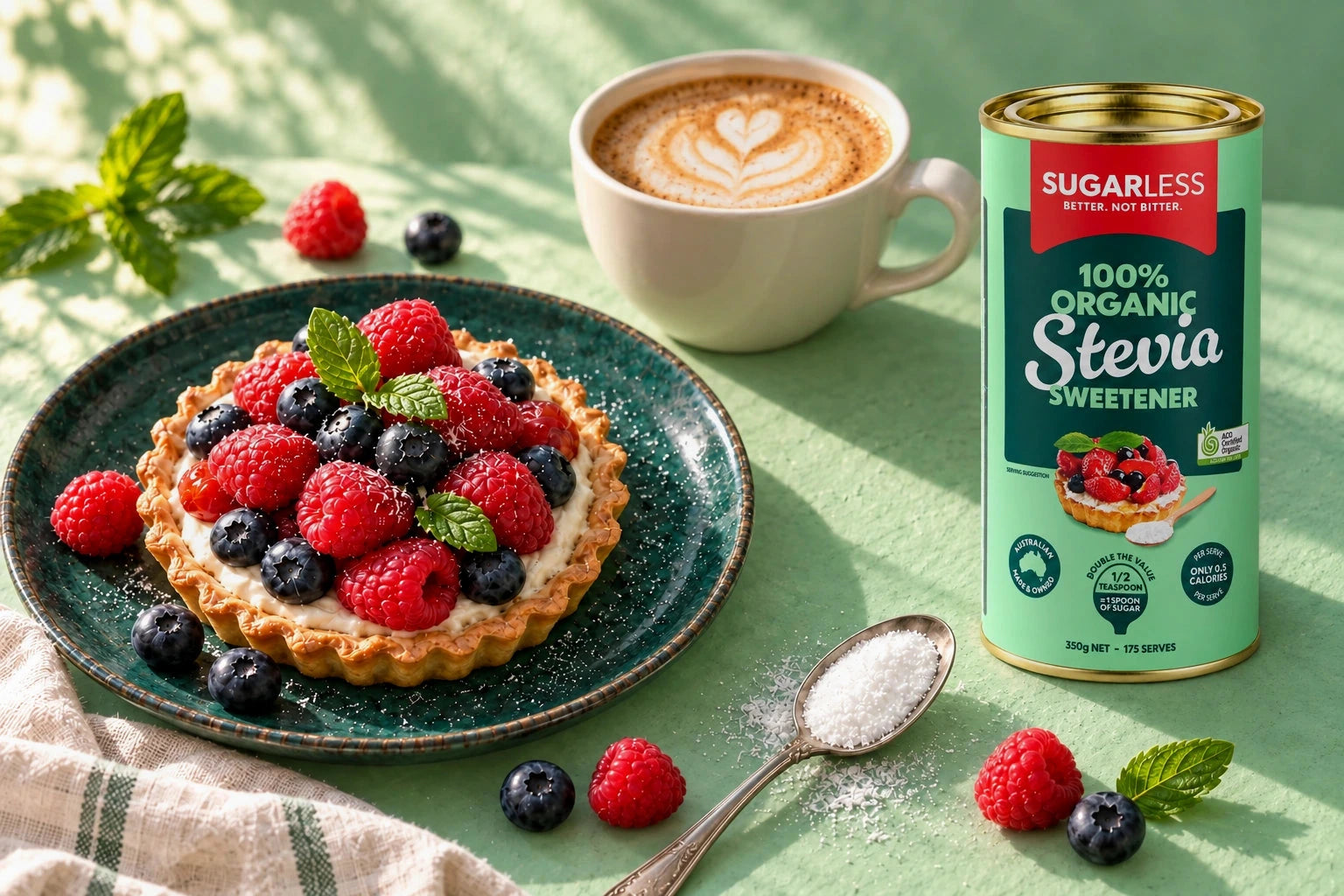 Berry tart, coffee and Sugarless Organic Stevia on a mint-green table
