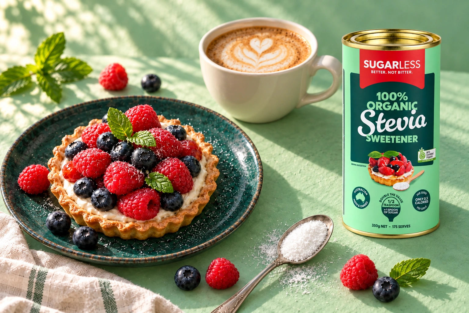 Berry tart, coffee and Sugarless Organic Stevia on a mint-green table