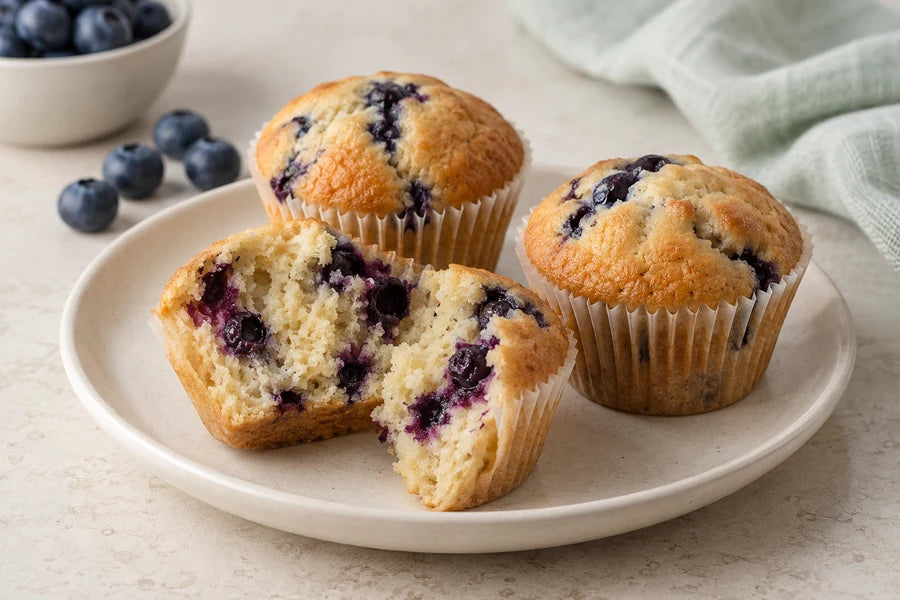 Blueberry yoghurt muffins made with Sugarless Organic Stevia