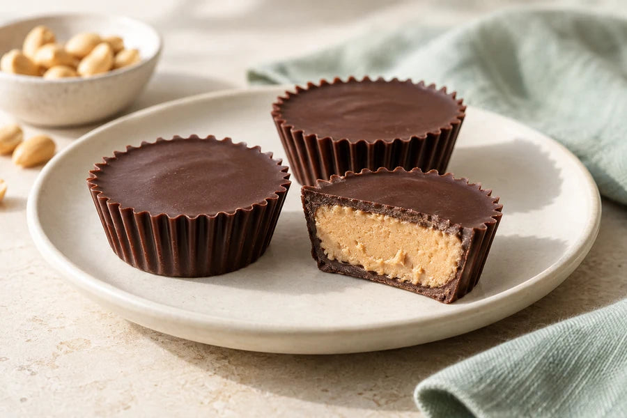 Chocolate peanut butter cups made with Sugarless Organic Monk Fruit