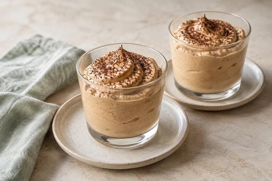Coffee mascarpone dessert pots made with Sugarless Organic Monk Fruit