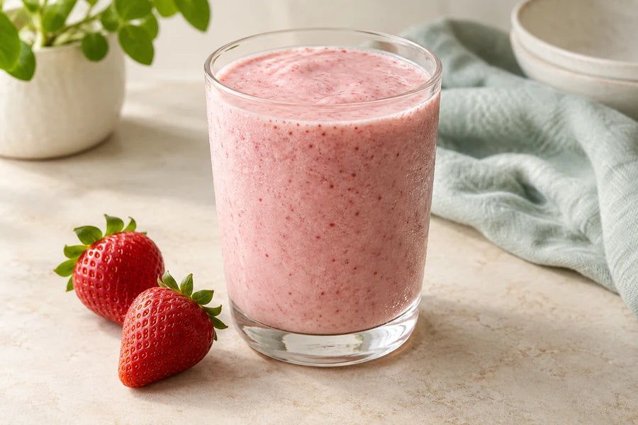 Strawberry vanilla smoothie made with Sugarless Liquid Sweetener