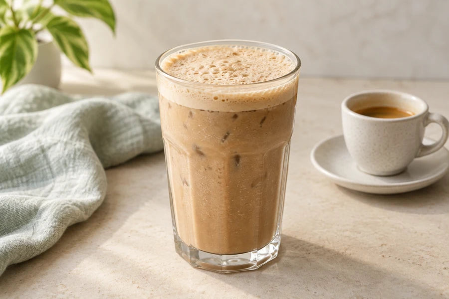 Iced coffee protein shake made with Sugarless Liquid Sweetener