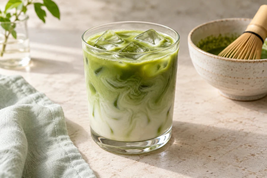 Iced vanilla matcha milk tea made with Sugarless Liquid Sweetener