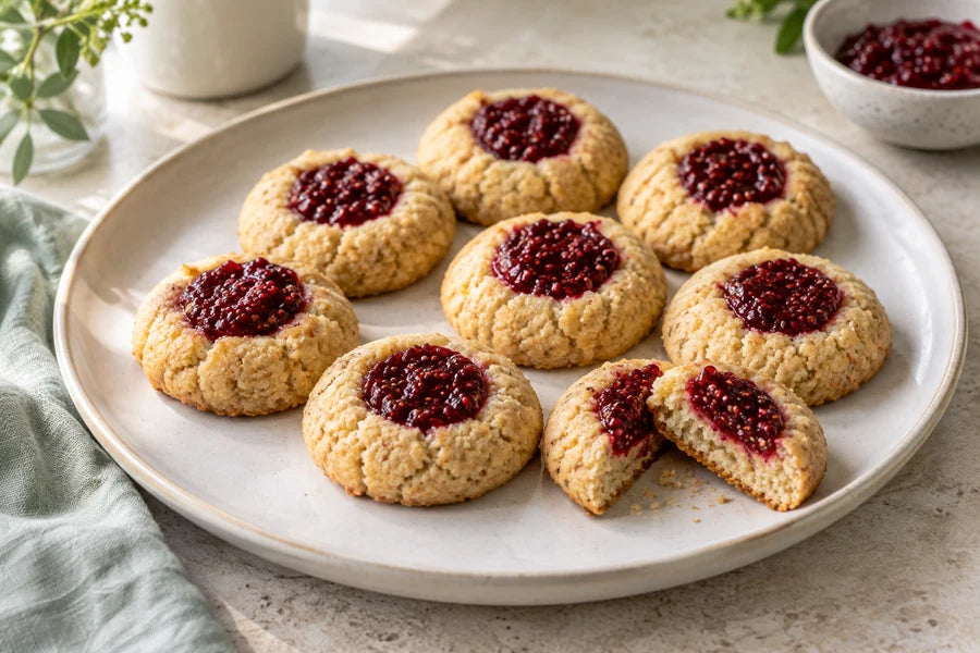 Almond raspberry jam drops made with Sugarless Organic Stevia