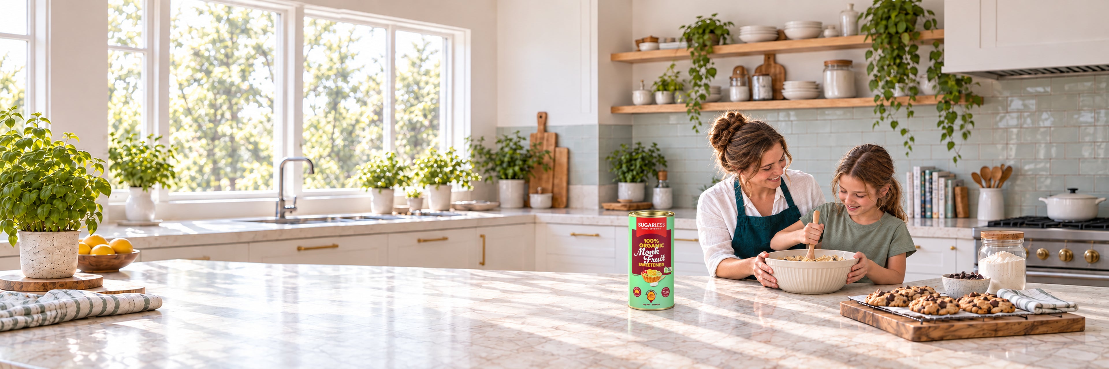 Sugarless Organic Monk Fruit 350g on the bench beside a mother and daughter baking together