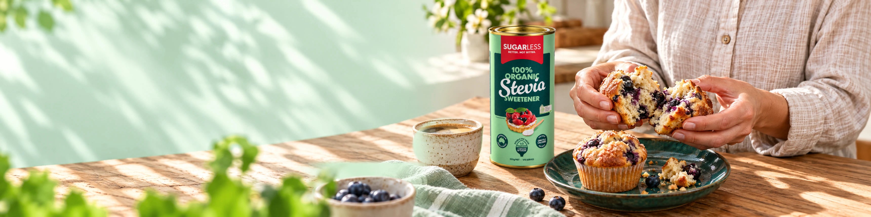 Sugarless Organic Stevia with coffee and freshly baked blueberry muffins.