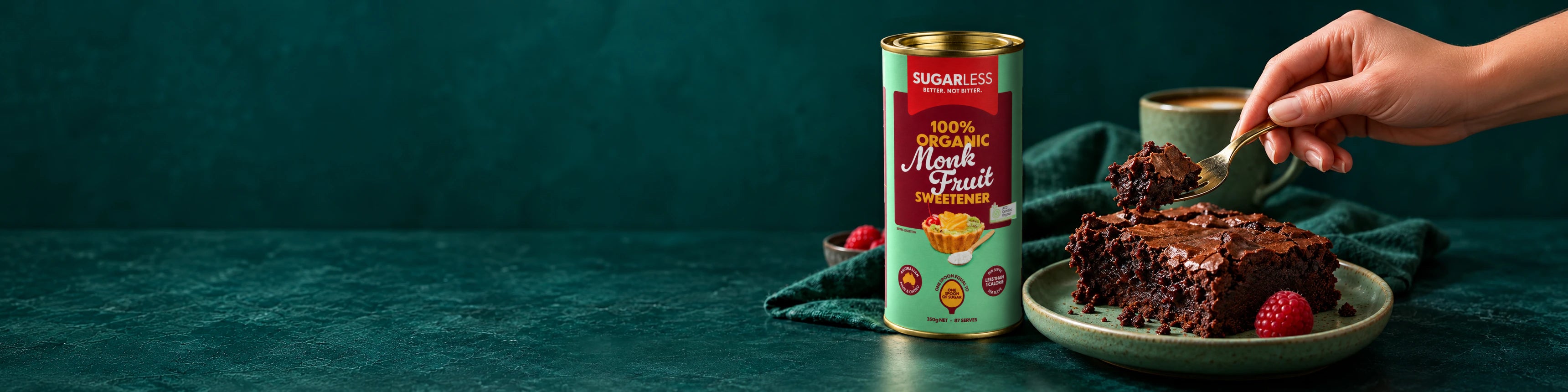 Sugarless Organic Monk Fruit with chocolate brownies and raspberries.
