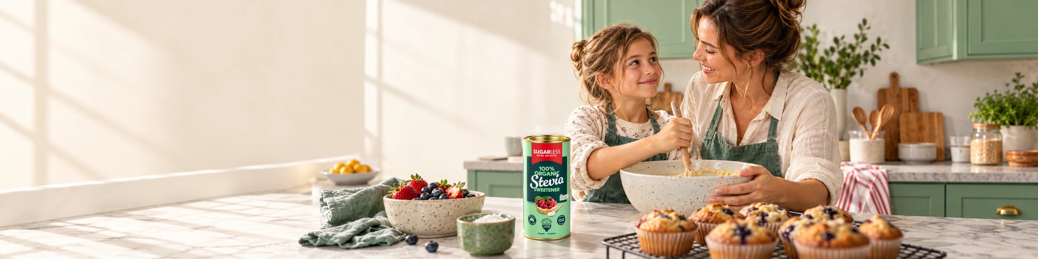 Mother and daughter baking together with Sugarless Organic Stevia.